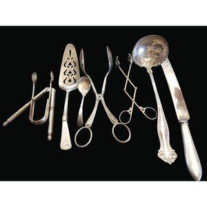 Antique Silverplate Serving Utensils Set Of 8 With Ornate Details 1045